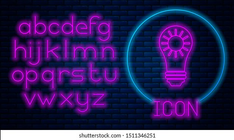 Glowing neon Solar energy panel icon isolated on brick wall background. Sun and light bulb. Neon light alphabet. Vector Illustration