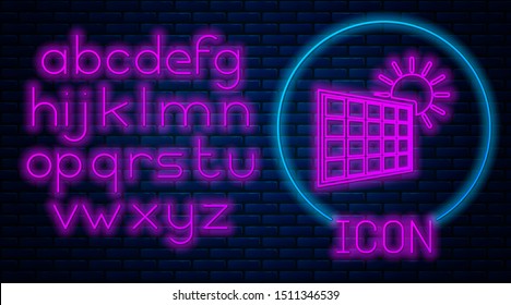 Glowing neon Solar energy panel and sun icon isolated on brick wall background. Neon light alphabet. Vector Illustration