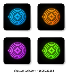 Glowing neon Solar system icon isolated on white background. The planets revolve around the star. Black square button. Vector Illustration