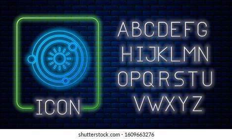 Glowing neon Solar system icon isolated on brick wall background. The planets revolve around the star. Neon light alphabet. Vector Illustration