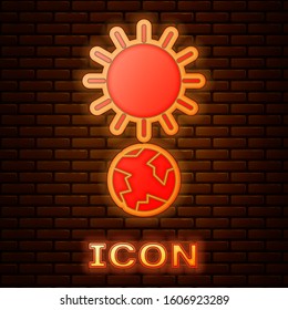 Glowing neon Solstice icon isolated on brick wall background.  Vector Illustration
