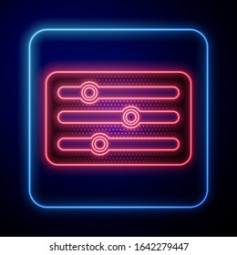 Glowing neon Sound mixer controller icon isolated on blue background. Dj equipment slider buttons. Mixing console.  Vector Illustration