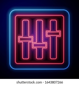 Glowing neon Sound mixer controller icon isolated on blue background. Dj equipment slider buttons. Mixing console.  Vector Illustration
