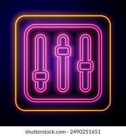 Glowing neon Sound mixer controller icon isolated on black background. Dj equipment slider buttons. Mixing console.  Vector