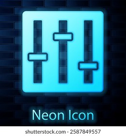 Glowing neon Sound mixer controller icon isolated on brick wall background. Dj equipment slider buttons. Mixing console.  Vector