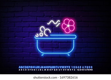 Línea de baños neon Spa brillante con burbujas de espuma dentro del icono aislado contra un fondo de pared de ladrillo. ilustración vectorial