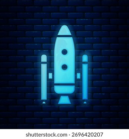 Glowing neon Space shuttle and rockets icon isolated on brick wall background.  Vector Illustration