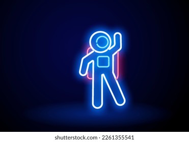 Glowing neon spaceman sign, cosmonaut pictogram. Cosmic neon sign, bright signboard, light banner. Space and Cosmonaut logo, emblem