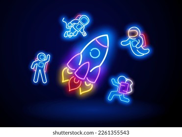 Señal de neón espacial brillante con nave espacial neón, cohete, pictograma cosmonauta. Señal de neón cósmico, letrero luminoso, cartel luminoso. Logo de Space and Cosmonaut, emblema