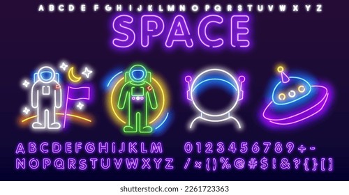 Glowing neon spaceman sign with neon spaceship, rocket, cosmonaut pictogram. Cosmic neon sign, bright signboard, light banner. Space and Cosmonaut logo, emblem