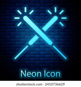 Icono de fuegos artificiales de neón brillante Sparkler aislado en el fondo de la pared de ladrillo. Festividades navideñas brillantes con velas. Feliz Navidad y Feliz Año Nuevo.  Vector