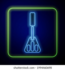 Glowing neon Spatula icon isolated on blue background. Kitchen spatula icon. BBQ spatula sign. Barbecue and grill tool.  Vector