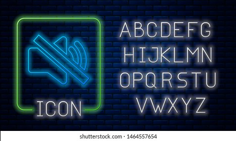 Glowing neon Speaker mute icon isolated on brick wall background. No sound icon. Volume Off symbol. Neon light alphabet. Vector Illustration