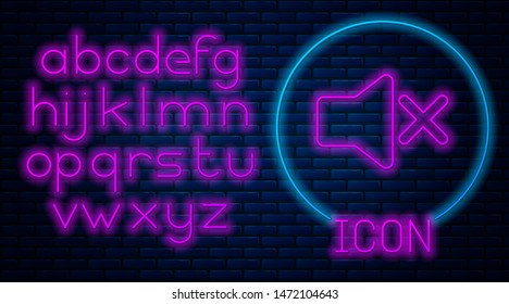 Glowing neon Speaker mute icon isolated on brick wall background. No sound icon. Volume Off symbol. Neon light alphabet. Vector Illustration