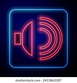 Glowing neon Speaker volume, audio voice sound symbol, media music icon isolated on blue background.  Vector Illustration