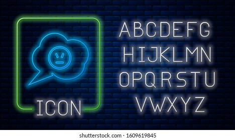 Glowing neon Speech bubble with angry smile icon isolated on brick wall background. Emoticon face. Neon light alphabet. Vector Illustration
