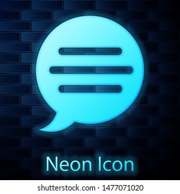 Glowing neon Speech bubble chat icon isolated on brick wall background. Message icon. Communication or comment chat symbol.  Vector Illustration