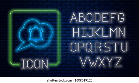 Glowing neon Speech bubble with chat notification icon isolated on brick wall background. New message, dialog, chat, social network notification. Neon light alphabet. Vector Illustration
