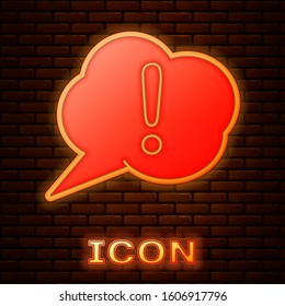 Glowing neon Speech bubble and Exclamation icon isolated on brick wall background. FAQ sign. Copy files, chat speech bubble and chart.  Vector Illustration