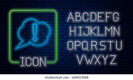 Glowing neon Speech bubble and Exclamation icon isolated on brick wall background. FAQ sign. Copy files, chat speech bubble and chart. Neon light alphabet. Vector Illustration