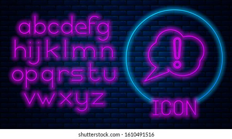Glowing neon Speech bubble and Exclamation icon isolated on brick wall background. FAQ sign. Copy files, chat speech bubble and chart. Neon light alphabet. Vector Illustration