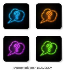 Glowing neon Speech bubble and Question icon isolated on white background. FAQ sign. Copy files, chat speech bubble and chart. Black square button. Vector Illustration