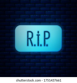 Glowing neon Speech bubble rip death icon isolated on brick wall background.  Vector