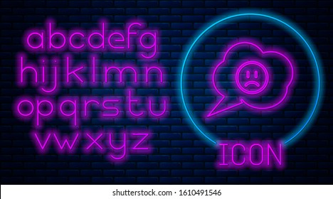 Glowing neon Speech bubble with sad smile icon isolated on brick wall background. Emoticon face. Neon light alphabet. Vector Illustration