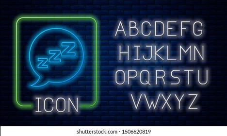 Glowing neon Speech bubble with snoring icon isolated on brick wall background. Concept of sleeping, insomnia, alarm clock app, deep sleep, awakening. Neon light alphabet. Vector Illustration