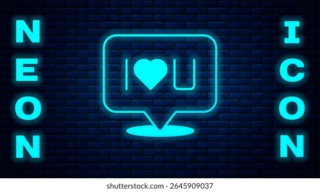 Bolha de fala neon brilhante com texto Eu te amo ícone isolado no fundo da parede de tijolo. Dia dos Namorados.  Vetor