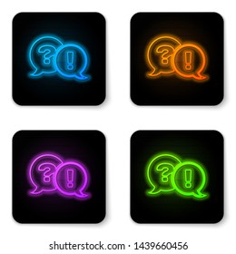 Glowing neon Speech bubbles with Question and Exclamation icon isolated on white background. FAQ sign. Copy files, chat speech bubble and chart. Black square button. Vector Illustration
