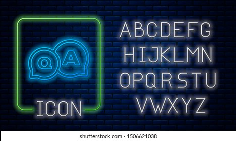 Glowing neon Speech bubbles with Question and Answer icon isolated on brick wall background. Q and A symbol.  Neon light alphabet. Vector Illustration
