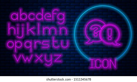 Glowing neon Speech bubbles with Question and Exclamation icon isolated on brick wall background. FAQ sign. Copy files, chat speech bubble and chart. Neon light alphabet. Vector Illustration