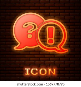 Glowing neon Speech bubbles with Question and Exclamation icon isolated on brick wall background. FAQ sign. Copy files, chat speech bubble and chart.  Vector Illustration