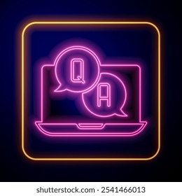 Glowing neon Speech bubbles with Question and Answer icon isolated on black background. Q and A symbol. FAQ sign. Chat speech bubble and chart.  Vector