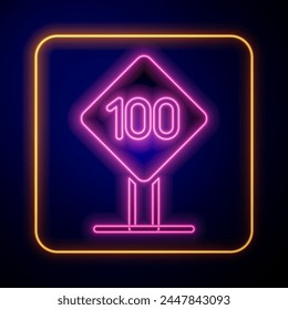 Glowing neon Speed limit traffic sign 100 km icon isolated on black background.  Vector