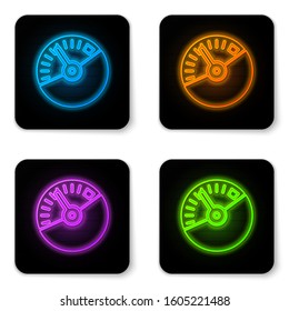Glowing neon Speedometer icon isolated on white background. Black square button. Vector Illustration