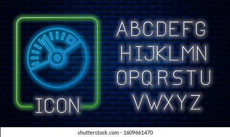 Glowing neon Speedometer icon isolated on brick wall background. Neon light alphabet. Vector Illustration