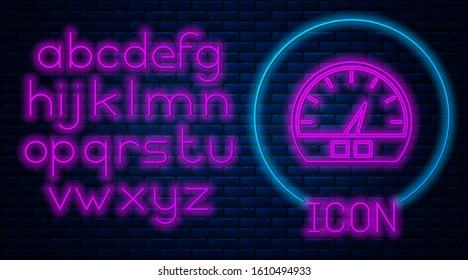 Glowing neon Speedometer icon isolated on brick wall background. Neon light alphabet. Vector Illustration