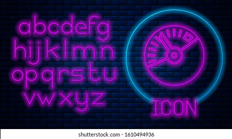 Glowing neon Speedometer icon isolated on brick wall background. Neon light alphabet. Vector Illustration