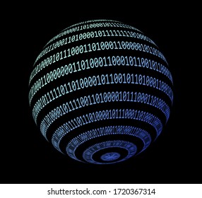 Glowing neon sphere made of binary digits, zeros and ones. Metaphor of complexity and connectionism, cyberspace and virtual reality.