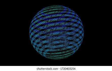 Glowing neon sphere made of binary digits, zeros and ones. Metaphor of complexity and connectionism, cyberspace and virtual reality.
