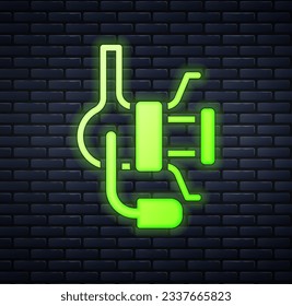 Glowing neon Spinning reel for fishing icon isolated on brick wall background. Fishing coil. Fishing tackle.  Vector