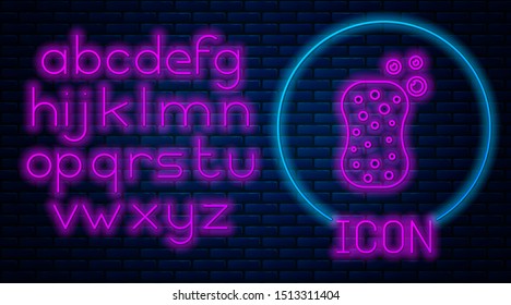 Glowing neon Sponge with bubbles icon isolated on brick wall background. Wisp of bast for washing dishes. Cleaning service logo. Neon light alphabet. Vector Illustration