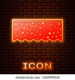 Glowing neon Sponge with bubbles icon isolated on brick wall background. Wisp of bast for washing dishes. Cleaning service logo.  Vector Illustration