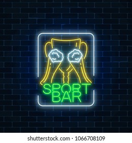 Glowing neon sport bar concept on dark brick wall background. Award cup with glass of beer as pub with live sport broadcast signboard. Vector illustration.