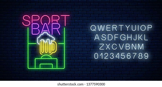 Glowing neon sport bar concept with alphabet on dark brick wall background. Soccer field with glass of beer as pub with live sport broadcast signboard. Vector illustration.