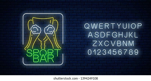 Glowing neon sport bar concept on dark brick wall background. Award cup with glass of beer as pub with live sport broadcast signboard and alphabet. Vector illustration.