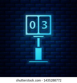 Glowing neon Sport football mechanical scoreboard and result display icon isolated on brick wall background.  Vector Illustration