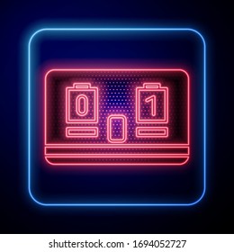 Glowing neon Sport hockey mechanical scoreboard and result display icon isolated on blue background.  Vector Illustration